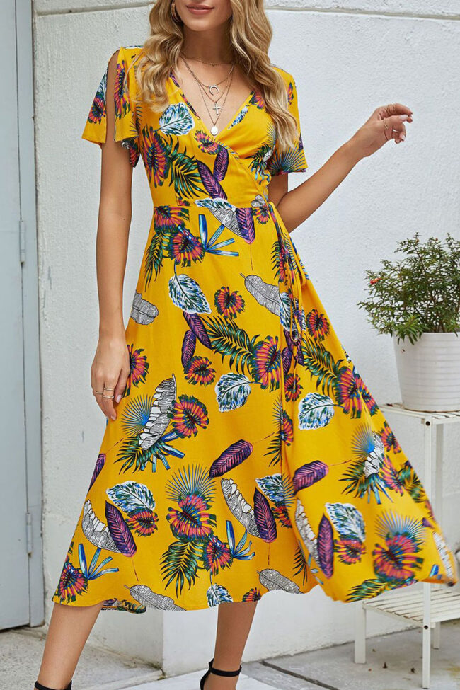 Fashion Casual Print Split Joint V Neck A Line Dresses