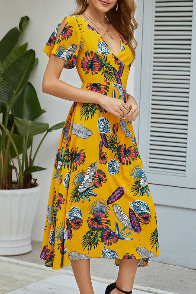 Fashion Casual Print Split Joint V Neck A Line Dresses