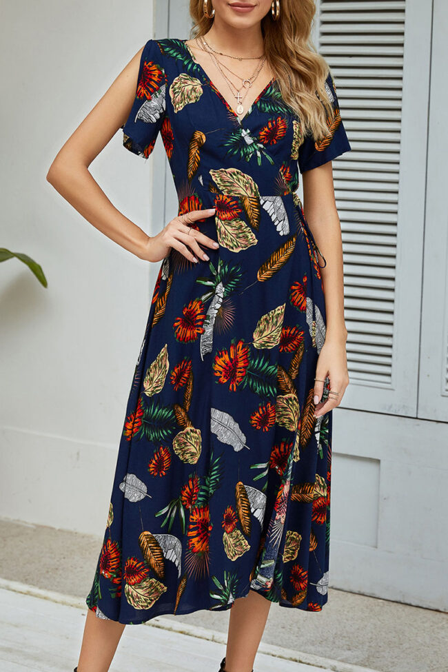 Fashion Casual Print Split Joint V Neck A Line Dresses