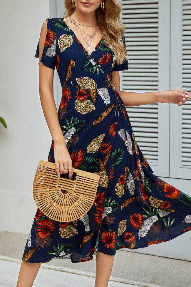 Fashion Casual Print Split Joint V Neck A Line Dresses