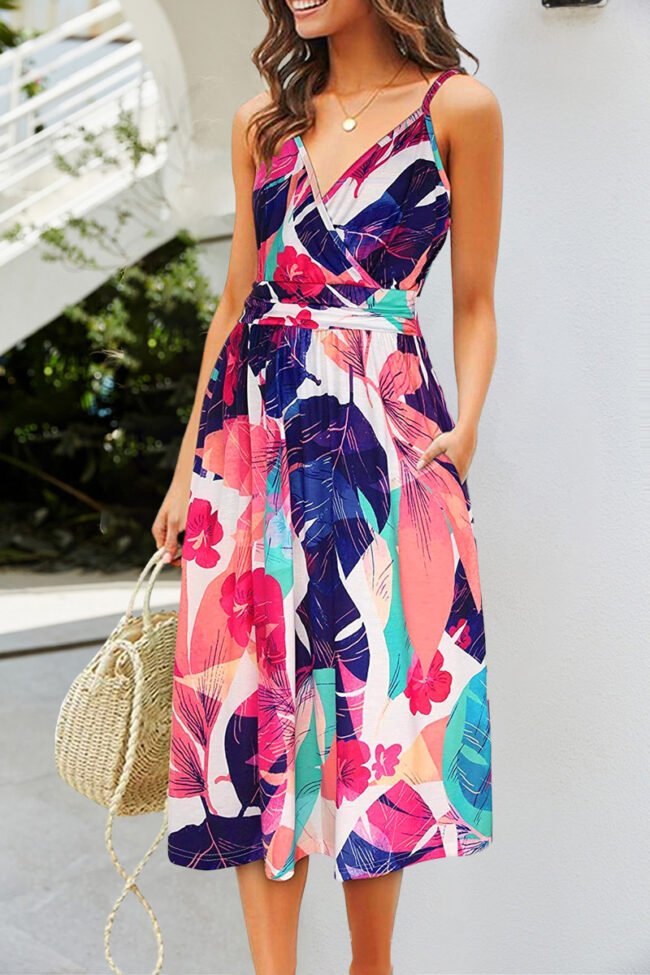 Fashion Casual Print Split Joint V Neck A Line Dresses