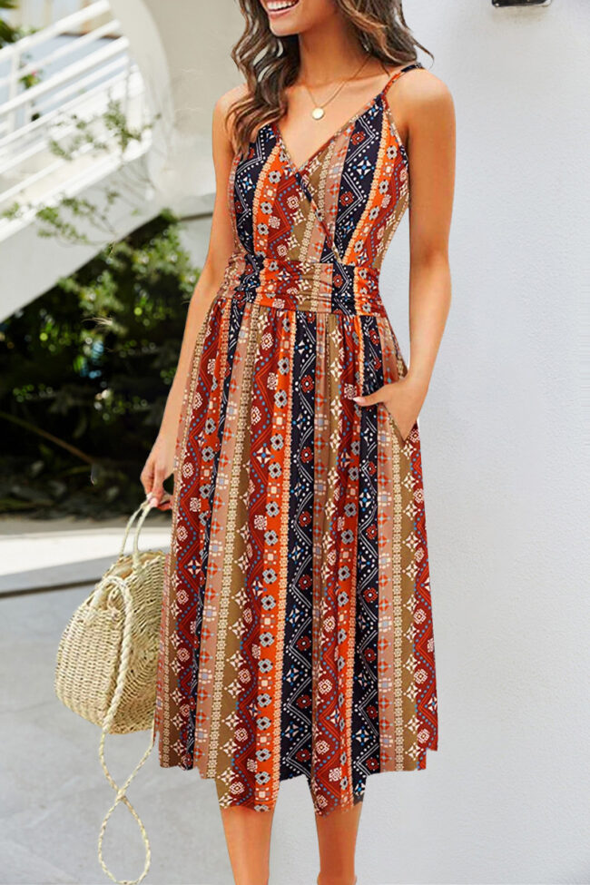 Fashion Casual Print Split Joint V Neck A Line Dresses