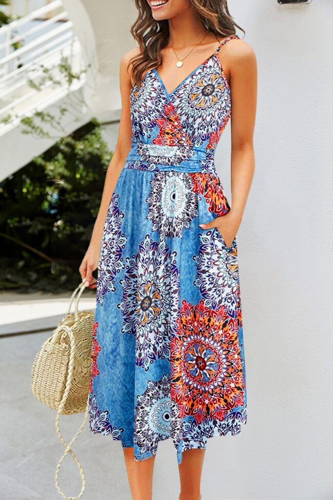 Fashion Casual Print Split Joint V Neck A Line Dresses