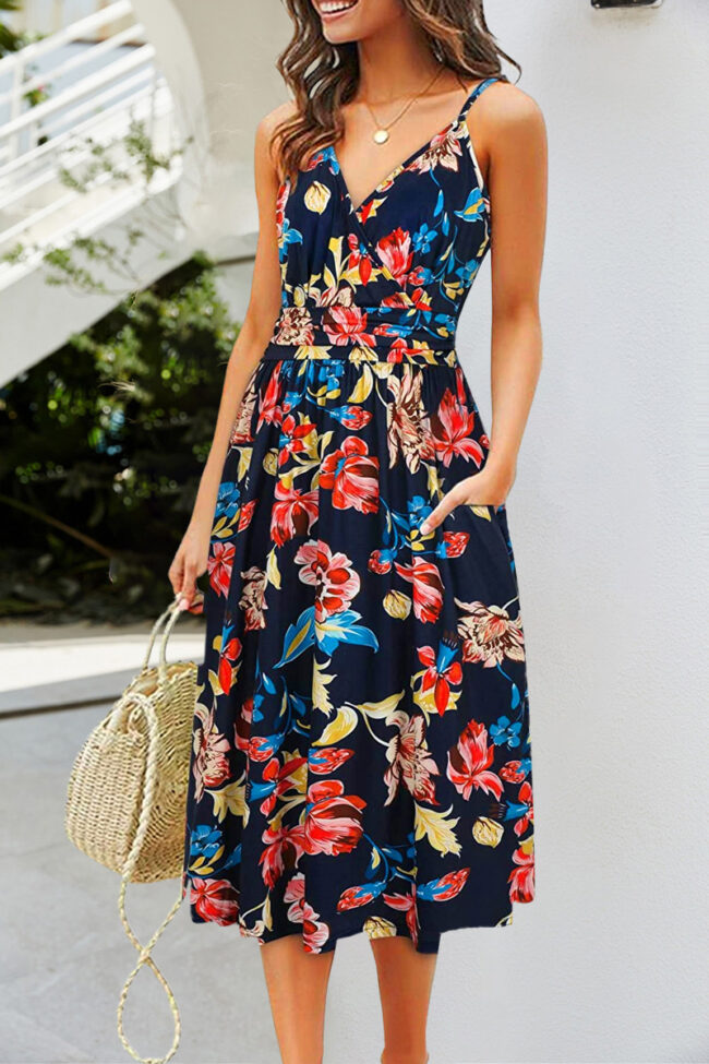 Fashion Casual Print Split Joint V Neck A Line Dresses