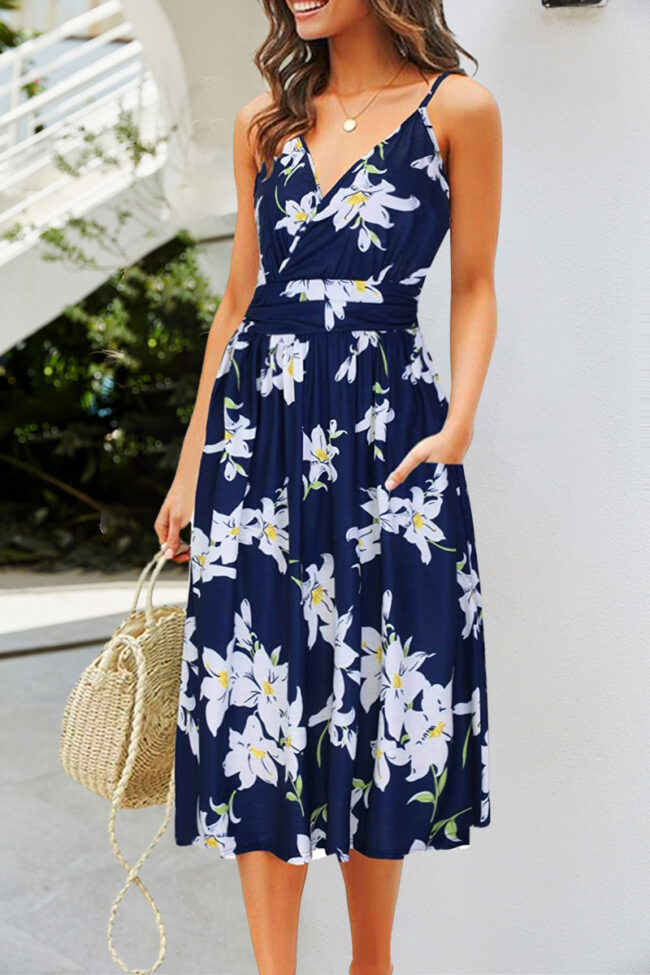 Fashion Casual Print Split Joint V Neck A Line Dresses