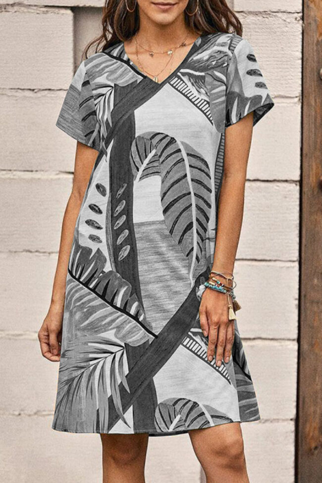 Fashion Casual Print Split Joint V Neck A Line Dresses