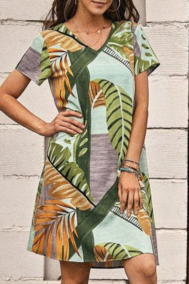 Fashion Casual Print Split Joint V Neck A Line Dresses