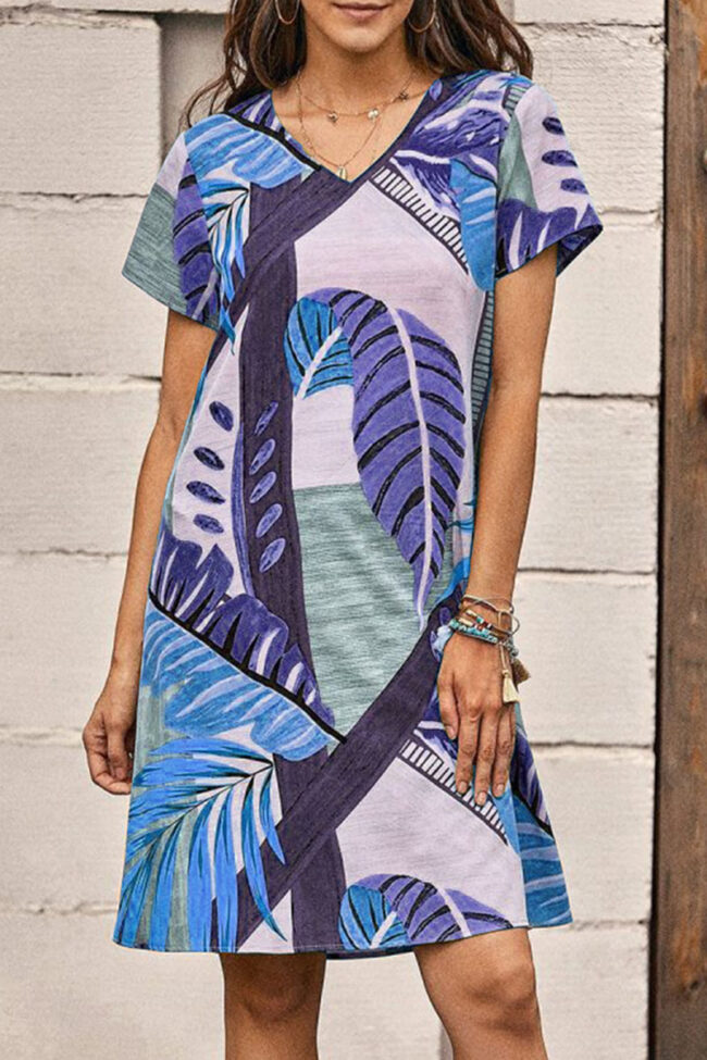 Fashion Casual Print Split Joint V Neck A Line Dresses