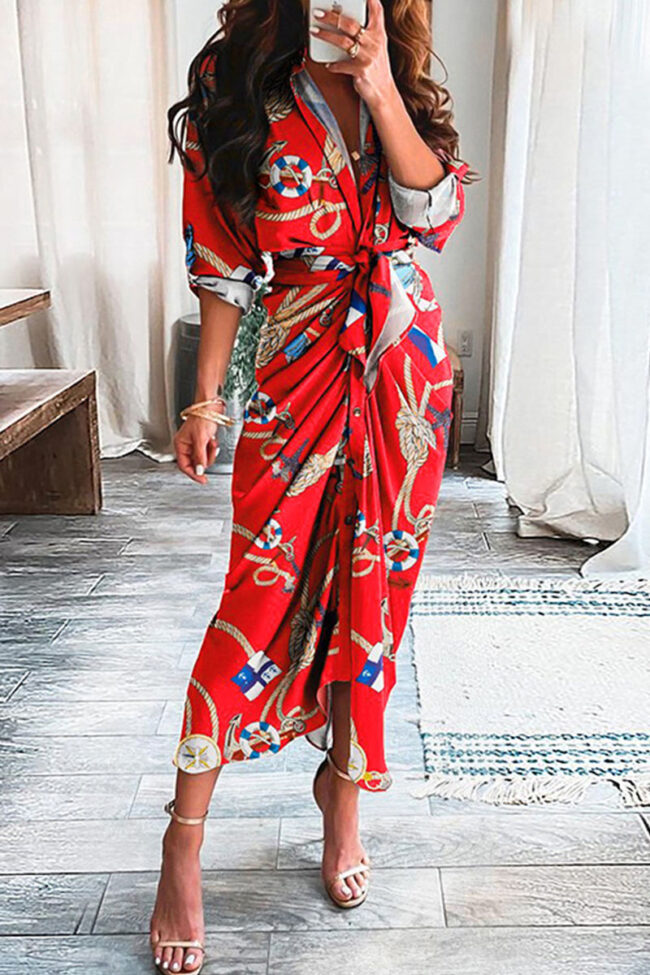 Fashion Casual Print Split Joint V Neck Irregular Dresses