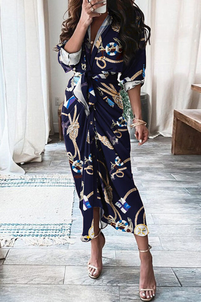 Fashion Casual Print Split Joint V Neck Irregular Dresses