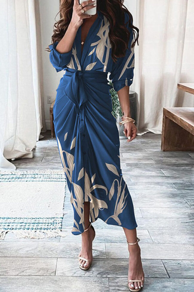 Fashion Casual Print Split Joint V Neck Irregular Dresses