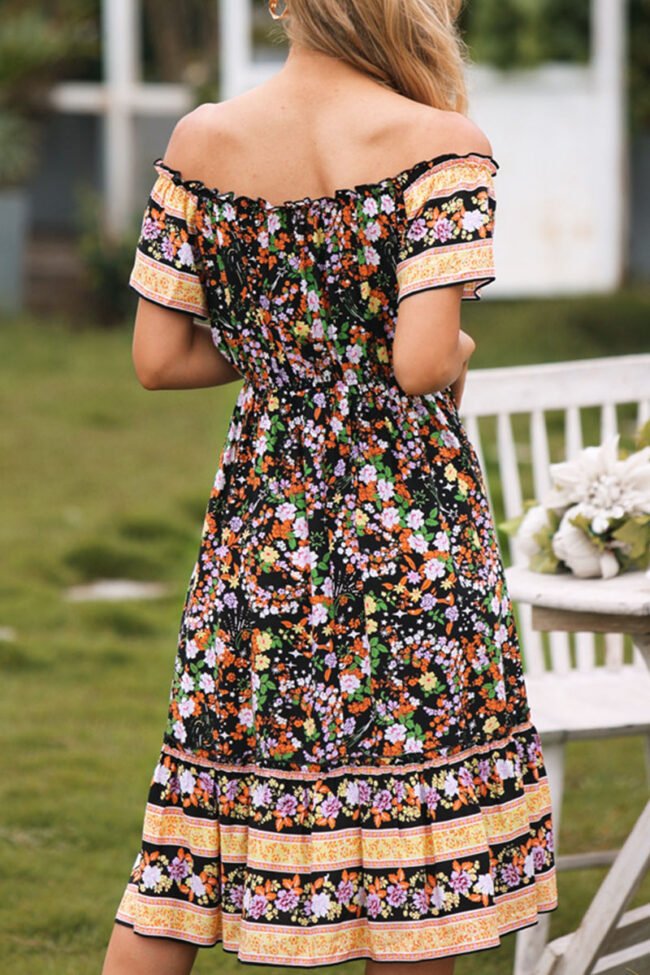 Elegant Print Split Joint Off the Shoulder A Line Dresses