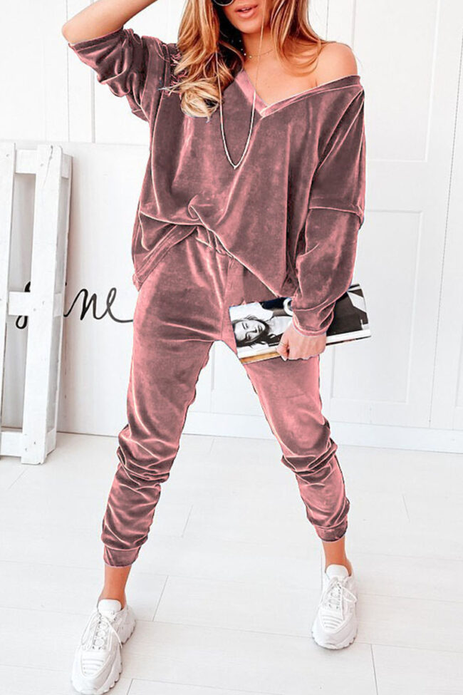 Fashion Casual Solid Split Joint V Neck Long Sleeve Two Pieces