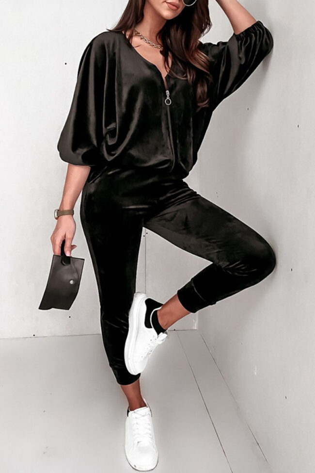 Fashion Casual Solid Split Joint V Neck Long Sleeve Two Pieces