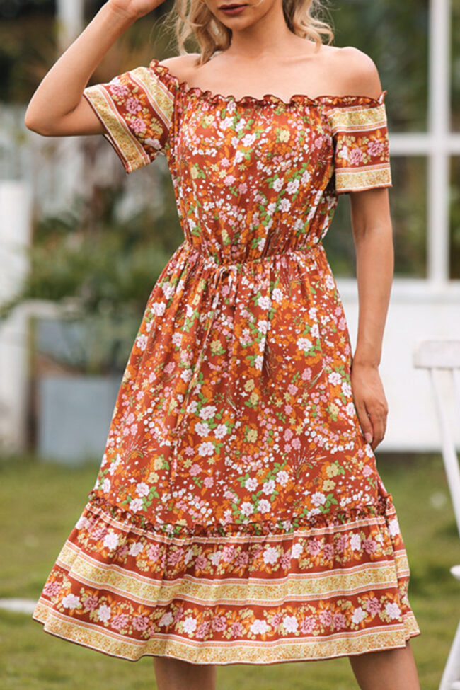 Elegant Print Split Joint Off the Shoulder A Line Dresses