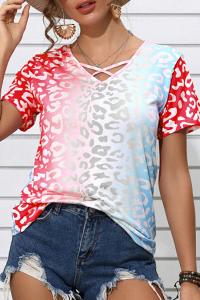 Fashion Casual Print Split Joint V Neck T-Shirts