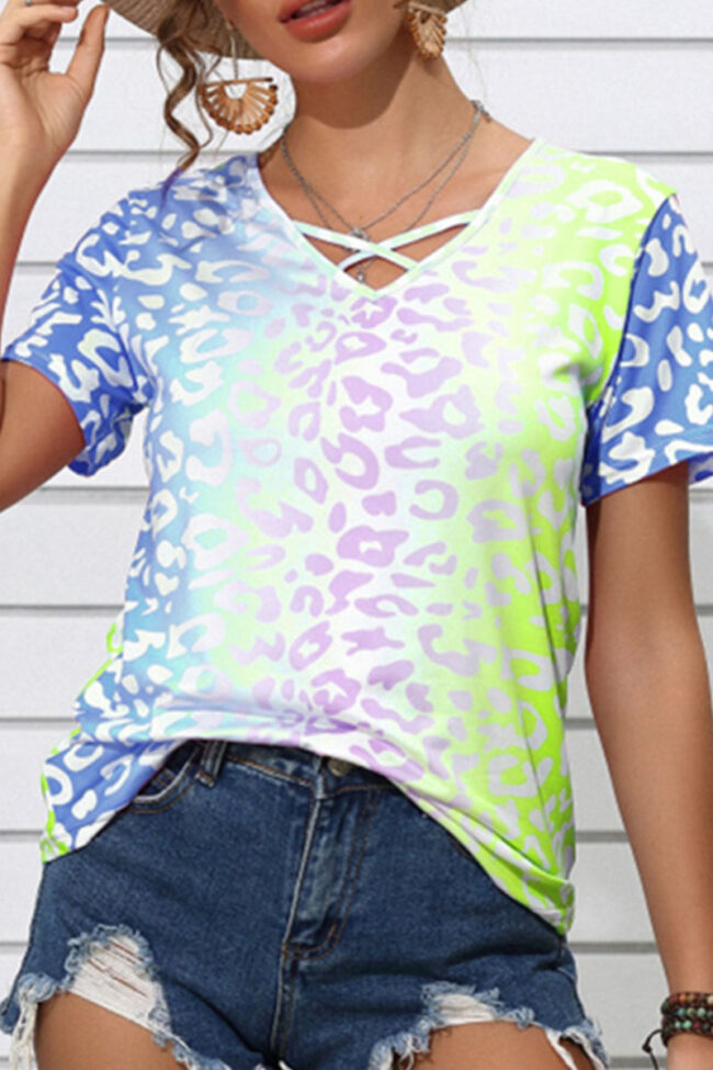 Fashion Casual Print Split Joint V Neck T-Shirts