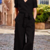 Fashion Casual Solid Split Joint V Neck Loose Jumpsuits