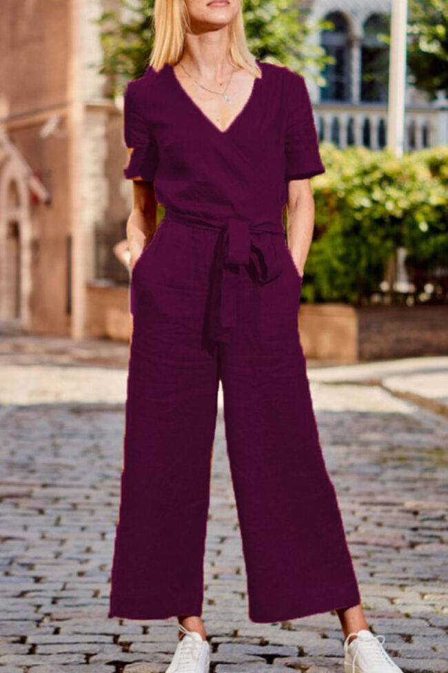 Fashion Casual Solid Split Joint V Neck Loose Jumpsuits