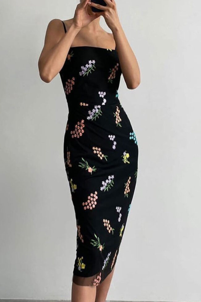 Elegant Print Split Joint Spaghetti Strap Pencil Skirt Dresses