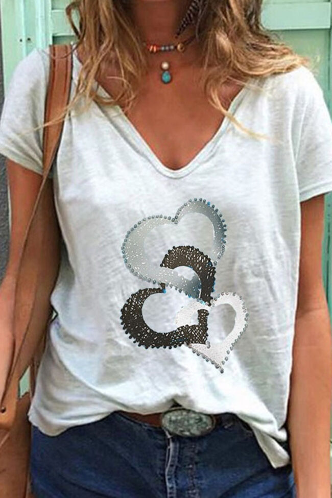 Fashion Casual Print Split Joint V Neck T-Shirts