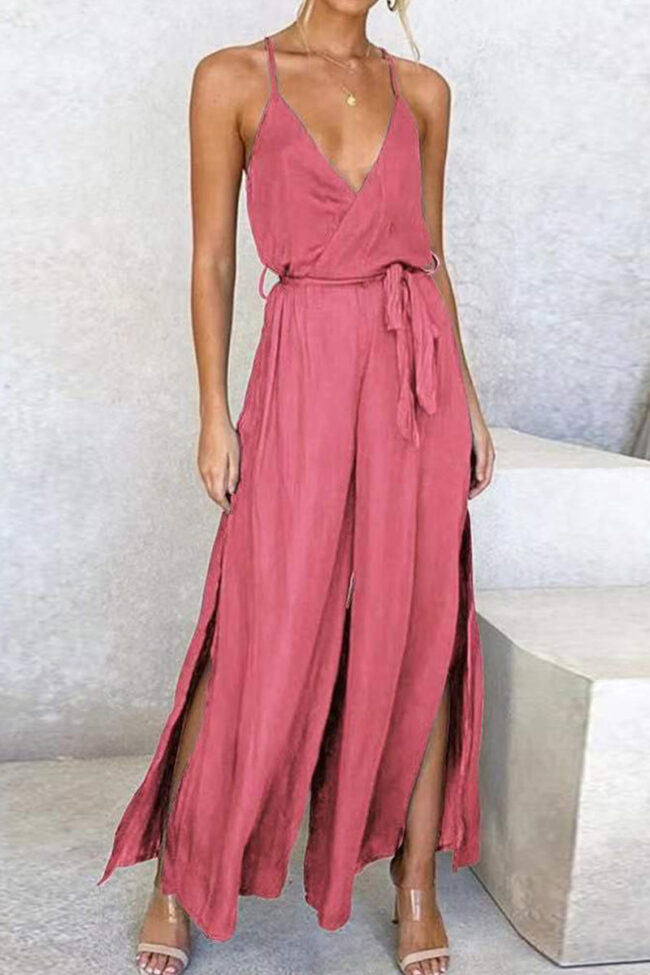 Fashion Casual Solid Split Joint V Neck Loose Jumpsuits