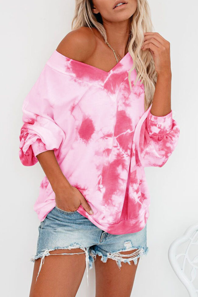 Fashion Casual Print Split Joint V Neck T-Shirts