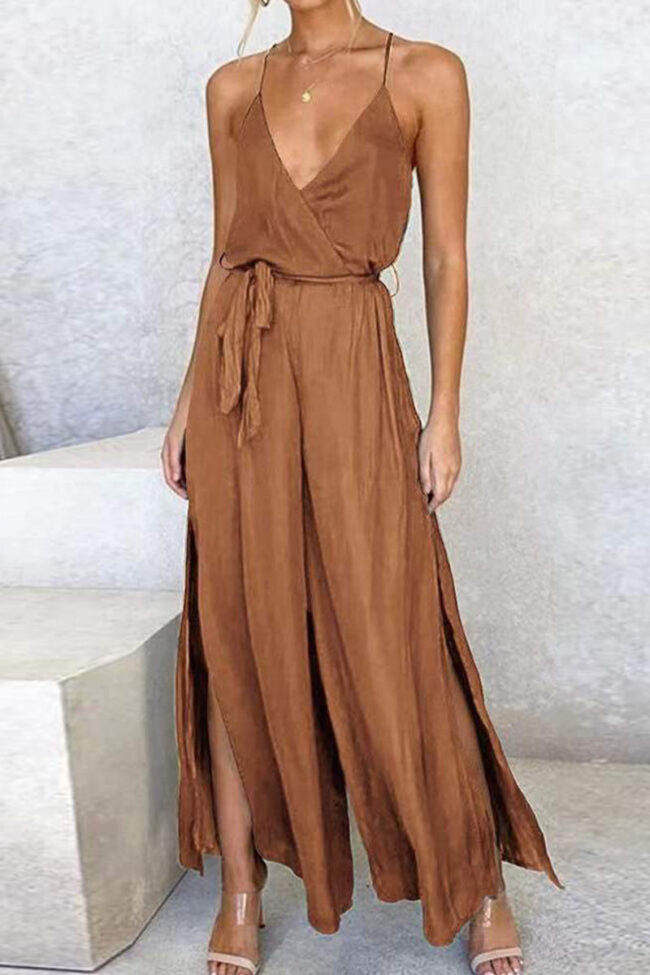 Fashion Casual Solid Split Joint V Neck Loose Jumpsuits