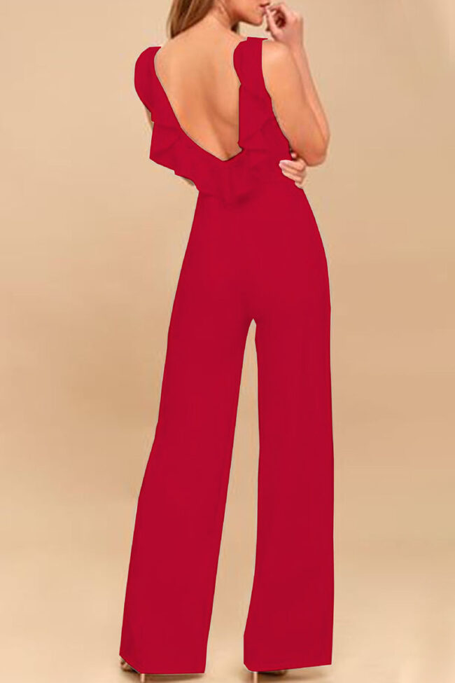 Fashion Casual Solid Split Joint V Neck Loose Jumpsuits