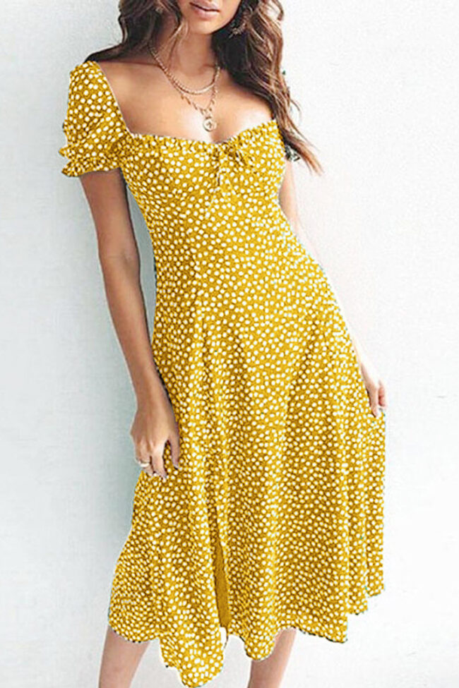 Fashion Elegant Print Split Joint Square Collar A Line Dresses