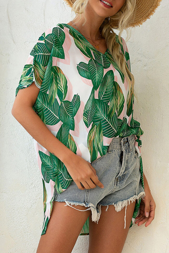 Fashion Casual Print Split Joint V Neck Tops