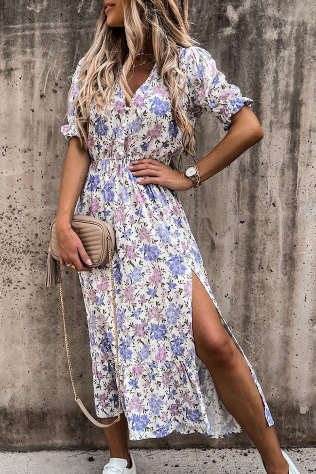 Fashion Elegant Print Split Joint V Neck A Line Dresses