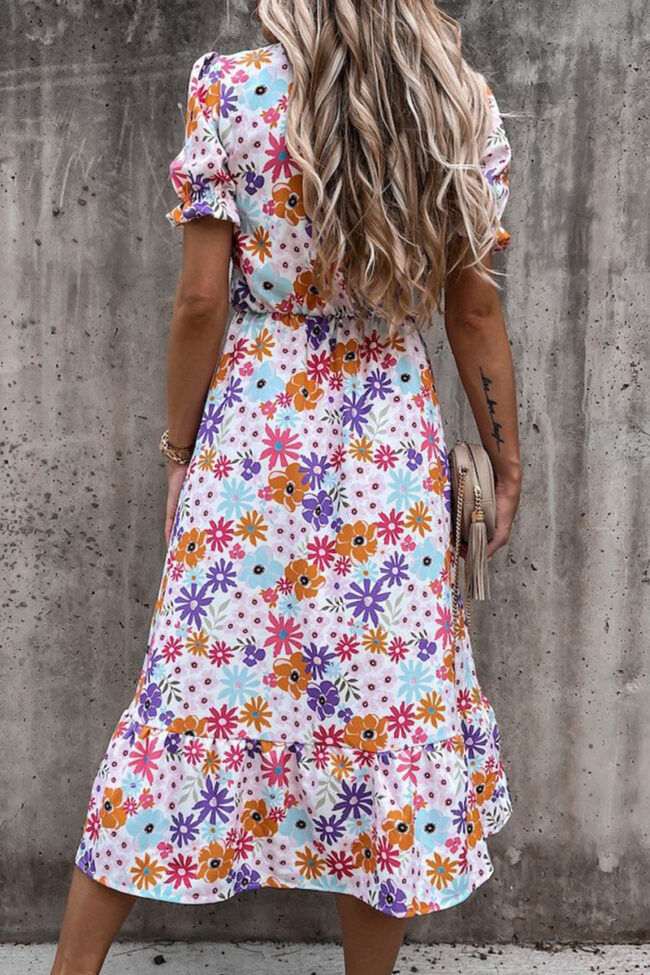 Fashion Elegant Print Split Joint V Neck A Line Dresses