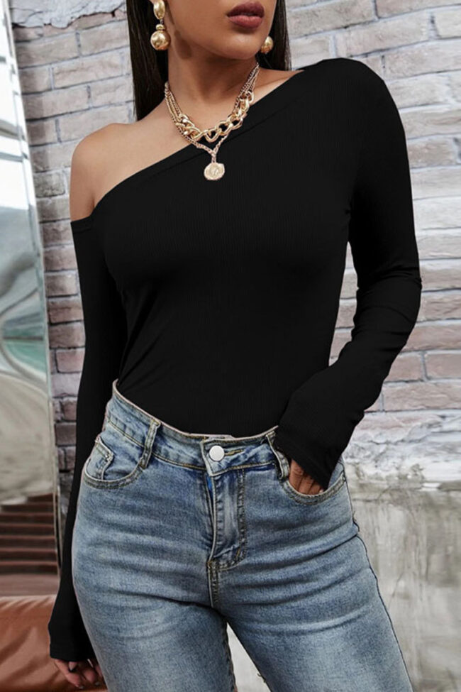 Fashion Casual Solid Split Joint Oblique Collar T-Shirts