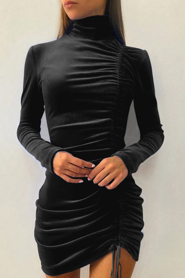 Elegant Solid Draw String Turtleneck Wrapped Skirt Dresses