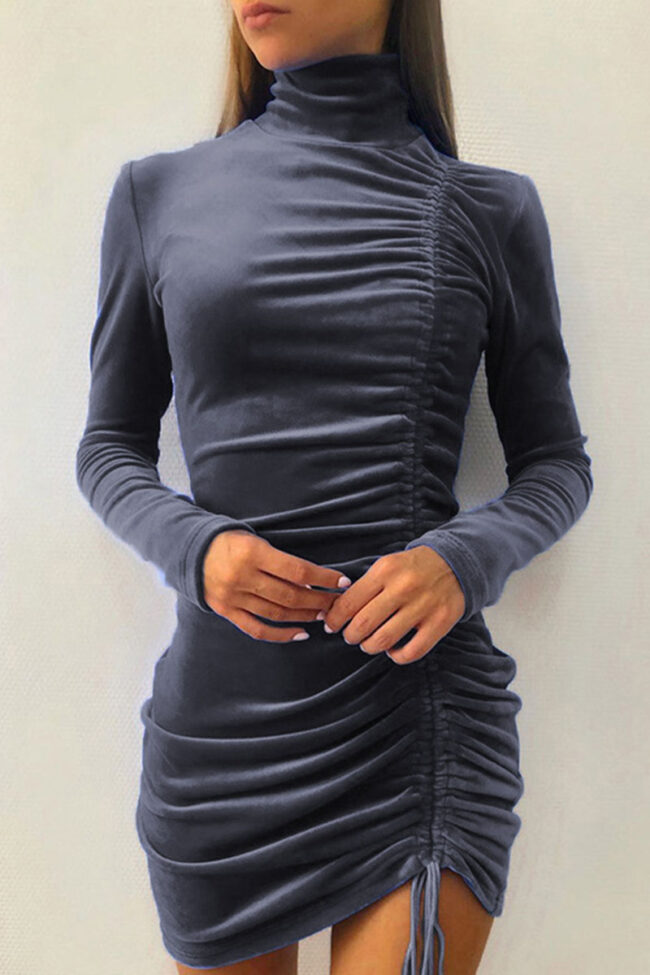 Elegant Solid Draw String Turtleneck Wrapped Skirt Dresses