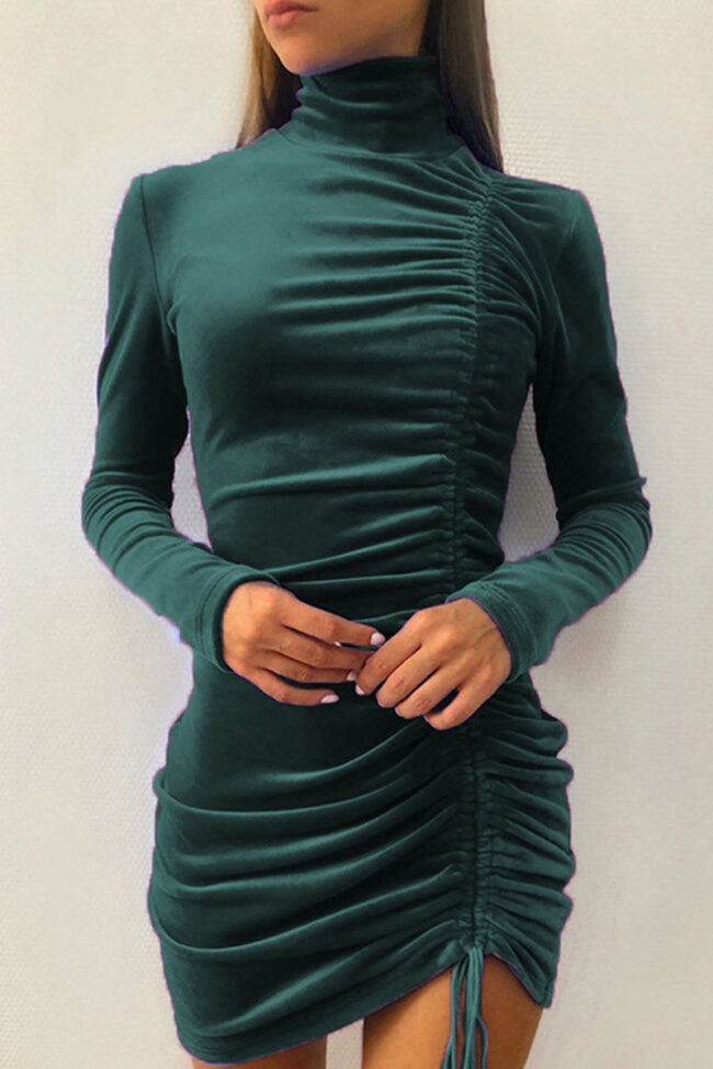 Elegant Solid Draw String Turtleneck Wrapped Skirt Dresses