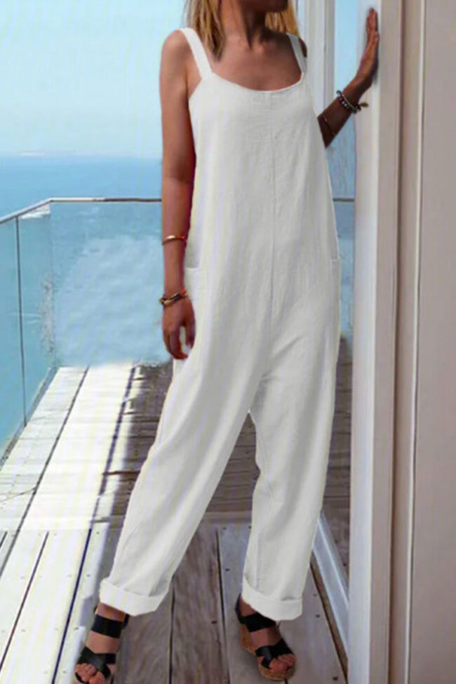 Fashion Elegant Solid Pocket Spaghetti Strap Loose Jumpsuits