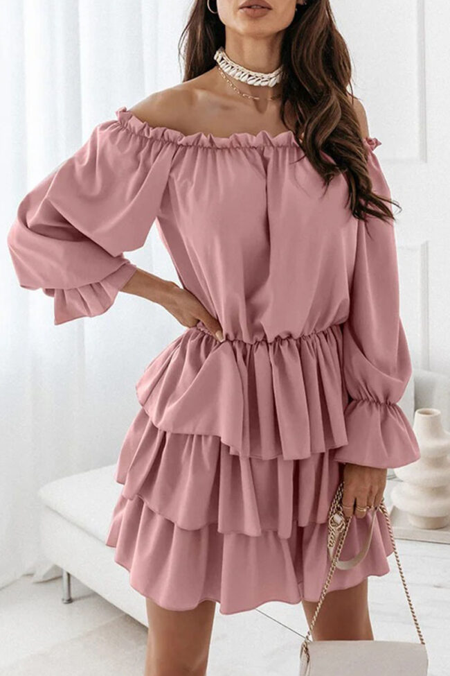 Casual Solid Split Joint Off the Shoulder Cake Skirt Dresses