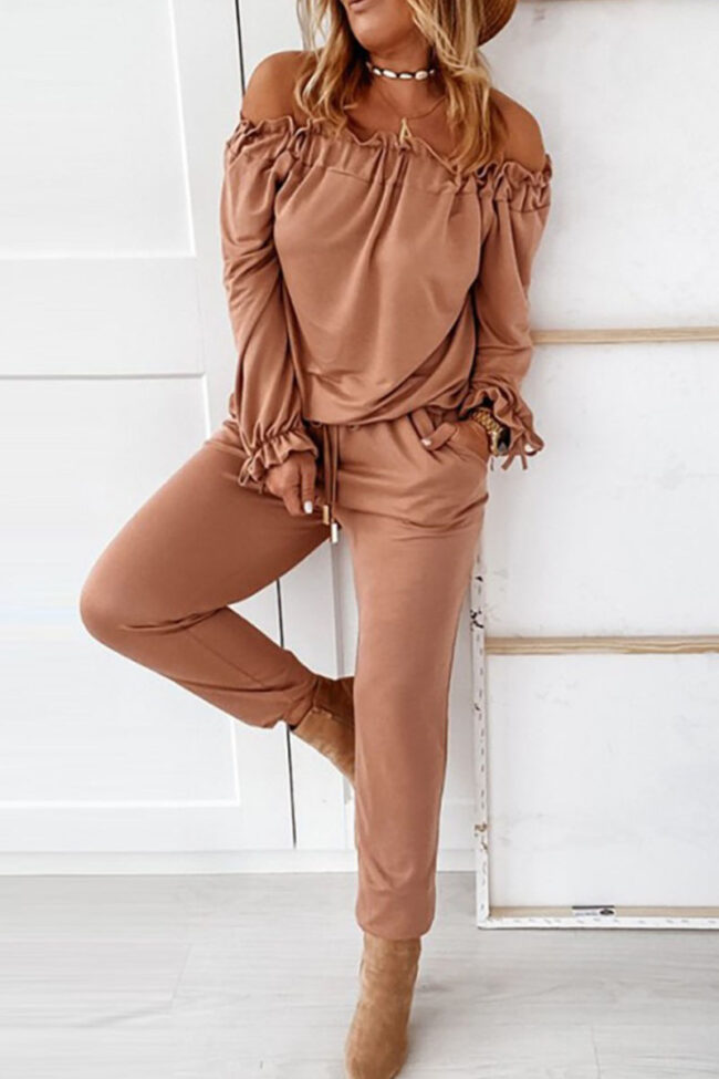 Casual Solid Split Joint Off the Shoulder Long Sleeve Two Pieces