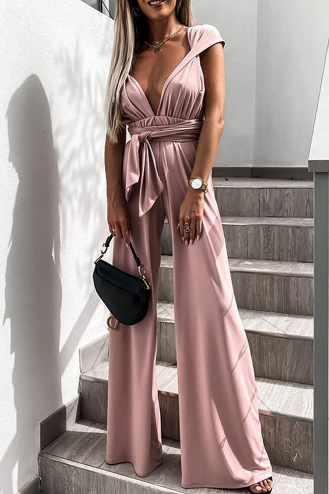 Fashion Casual Solid Backless V Neck Loose Jumpsuits