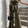 Fashion Casual Solid Backless V Neck Loose Jumpsuits