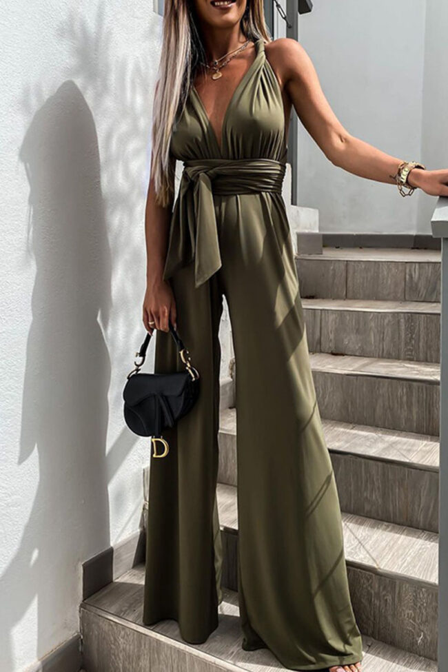 Fashion Casual Solid Backless V Neck Loose Jumpsuits