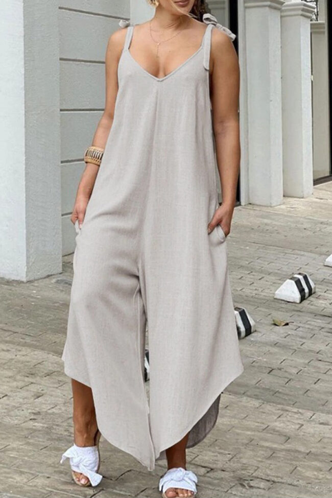 Fashion Casual Solid Frenulum Spaghetti Strap Loose Jumpsuits