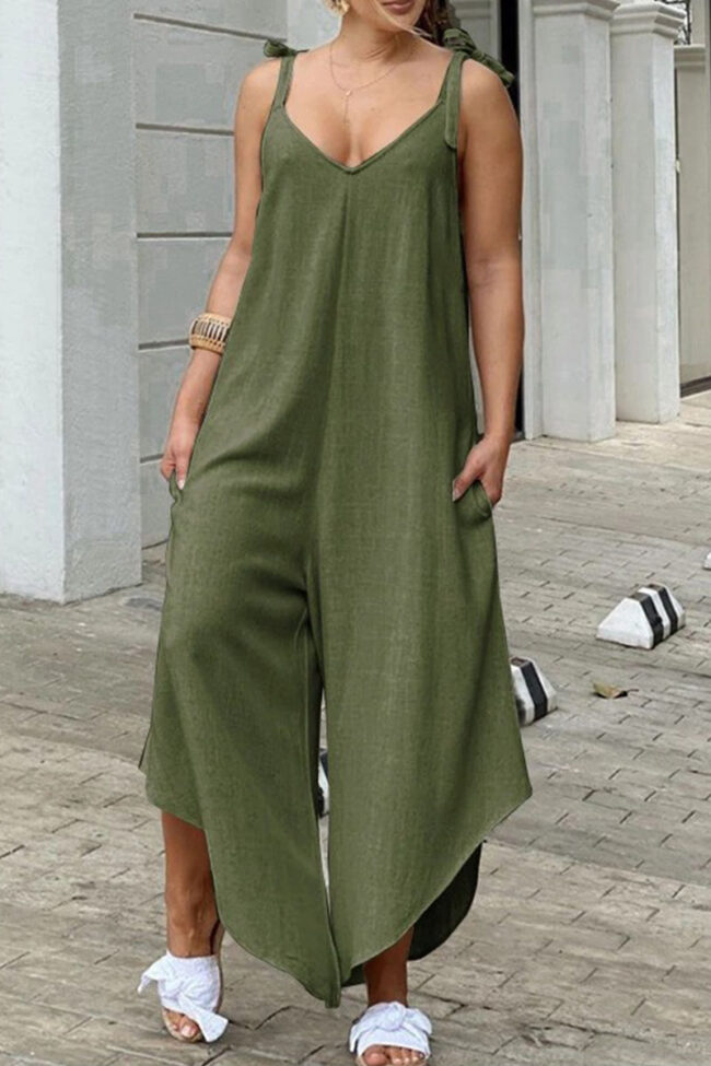 Fashion Casual Solid Frenulum Spaghetti Strap Loose Jumpsuits