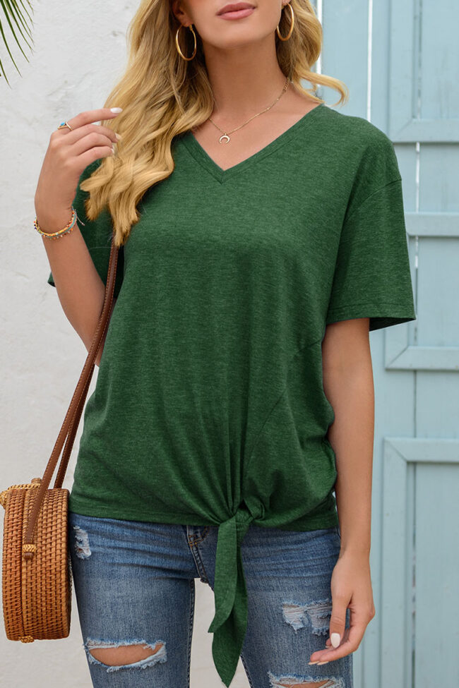 Fashion Casual Solid Frenulum V Neck T-Shirts