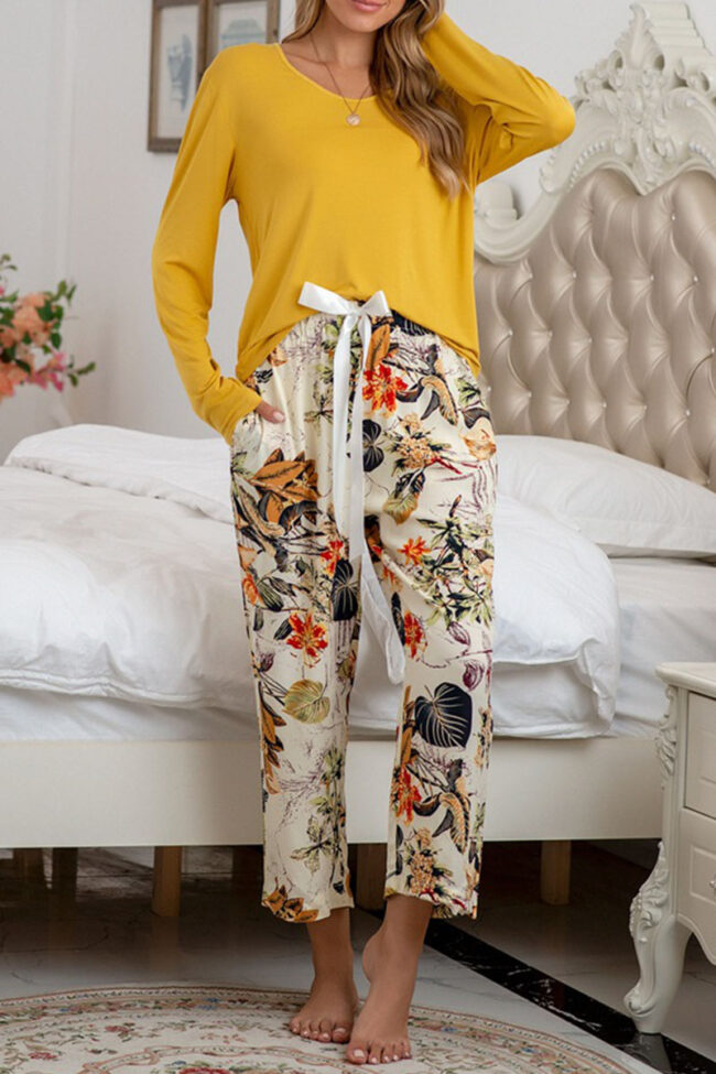 Fashion Living Print Split Joint O Neck Long Sleeve Two Pieces