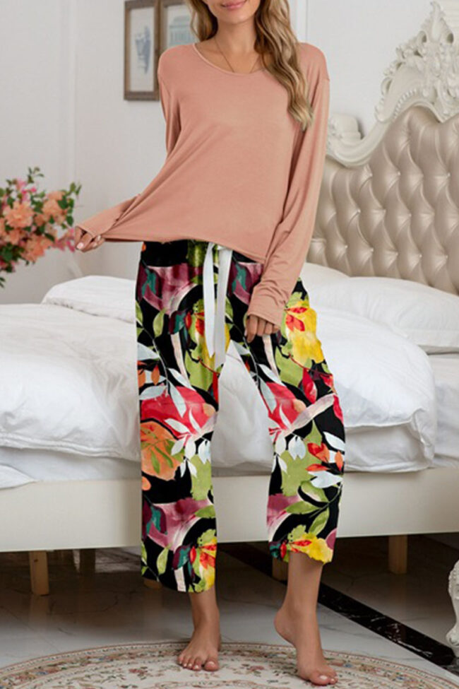 Fashion Living Print Split Joint O Neck Long Sleeve Two Pieces