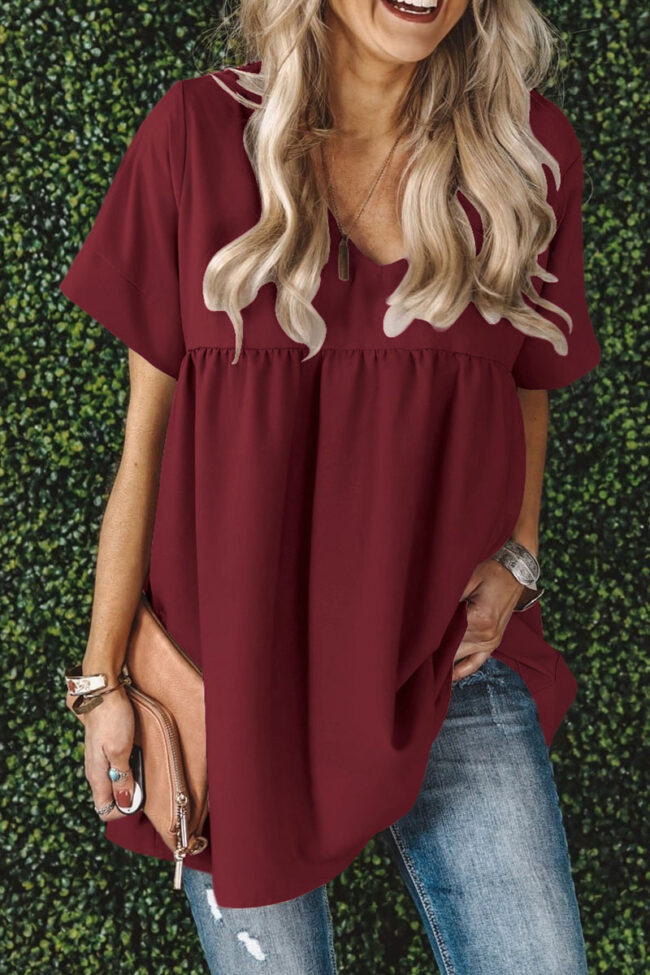 Fashion Casual Solid Split Joint V Neck Tops