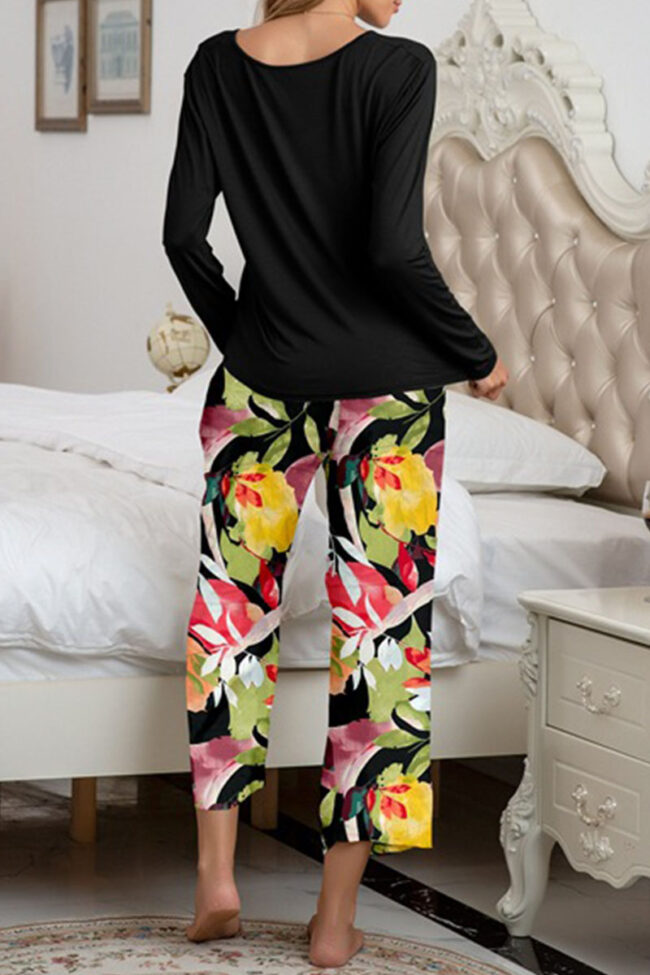 Fashion Living Print Split Joint O Neck Long Sleeve Two Pieces